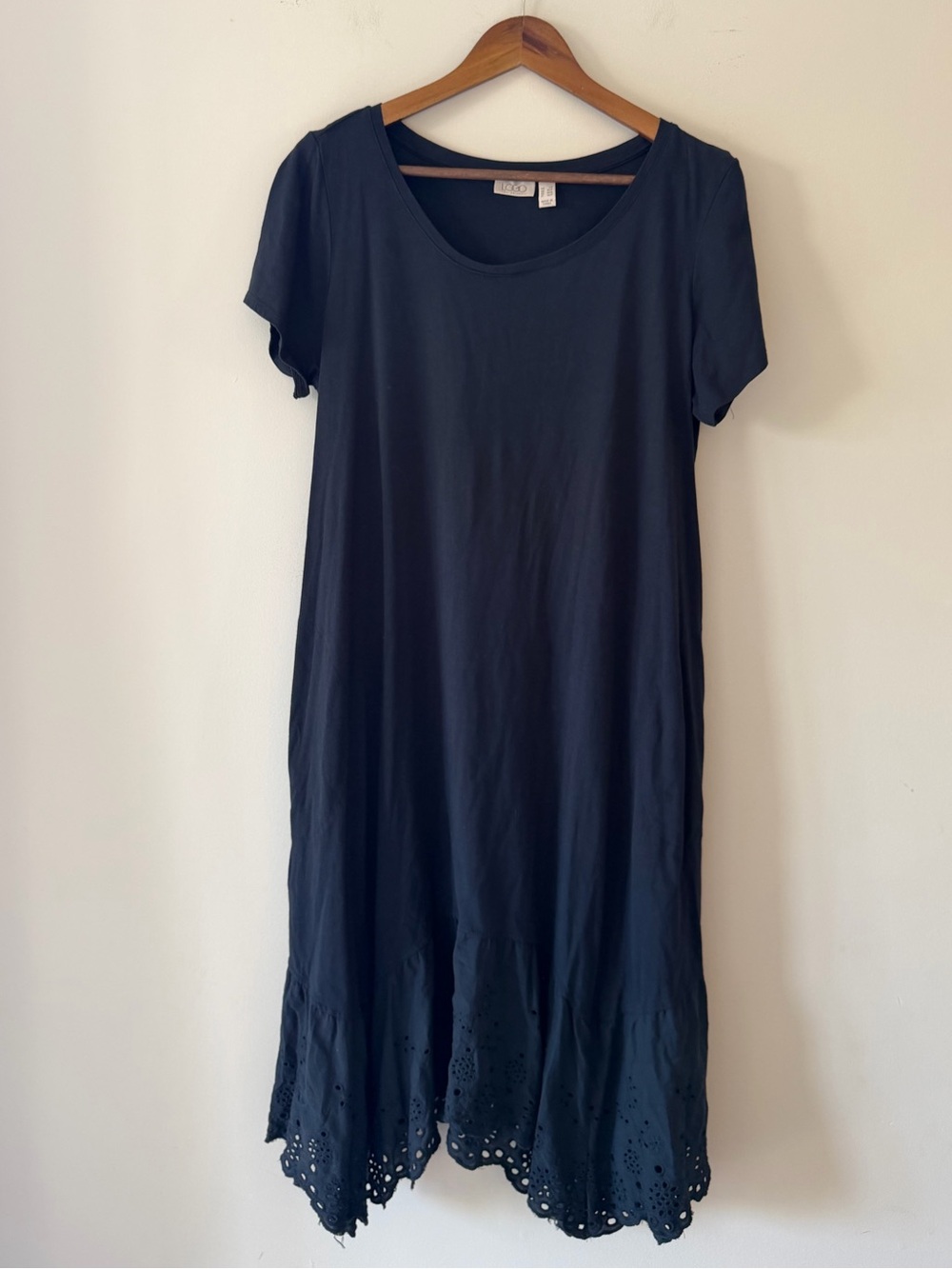 LOGO by Lori Goldstein Black Short Sleeve Eyelet Hem Midi Dress Size LP